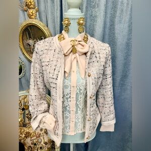 Classic Cream Pink Tweed Jacket with Lace Blouse size S